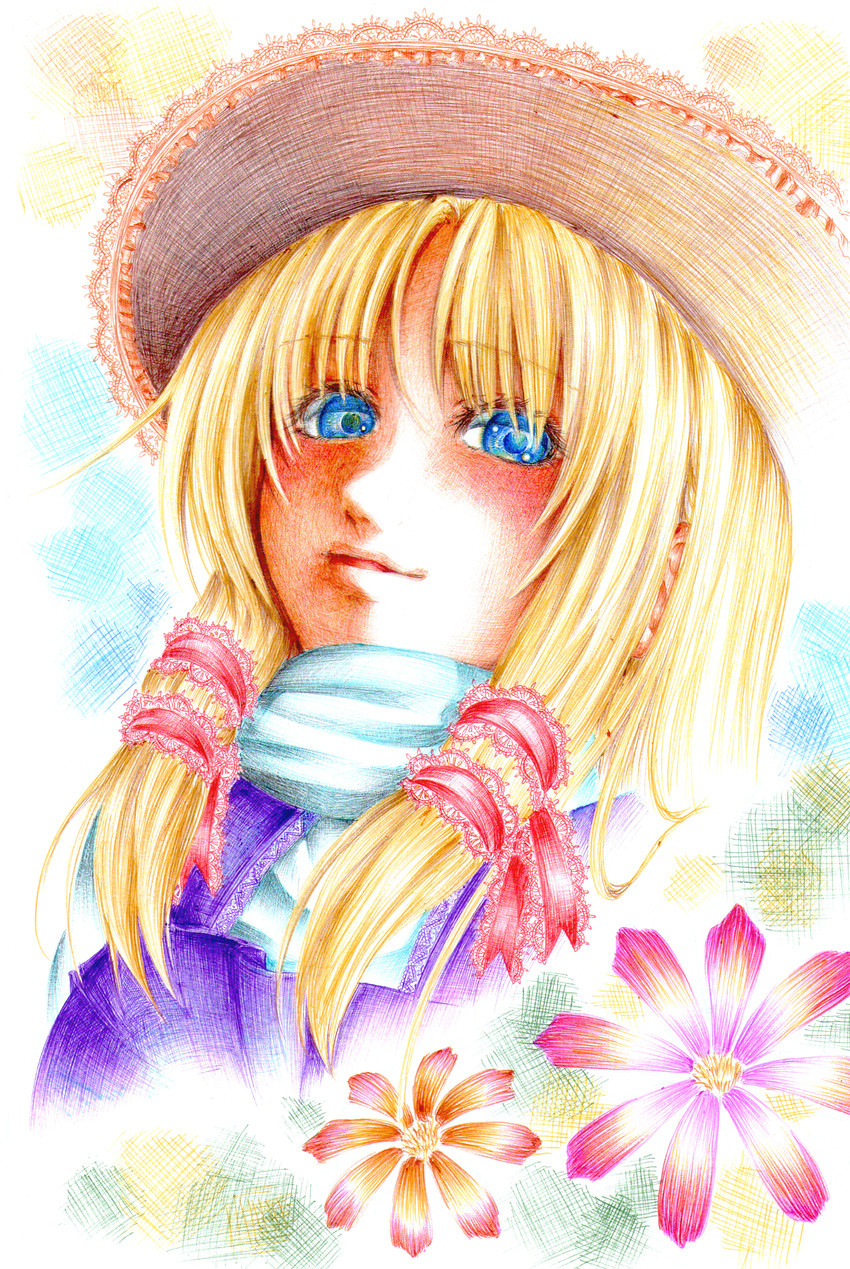 absurdres bad_id bad_pixiv_id ballpoint_pen_(medium) blonde_hair blue_eyes flower hat highres moriya_suwako nora_wanko smile solo touhou traditional_media