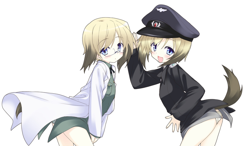 bad_id bad_pixiv_id blonde_hair blue_eyes blush erica_hartmann glasses hat labcoat military military_uniform multiple_girls open_mouth panties short_hair siblings simple_background sisters strike_witches striped striped_panties tail take_shinobu twins underwear uniform ursula_hartmann world_witches_series