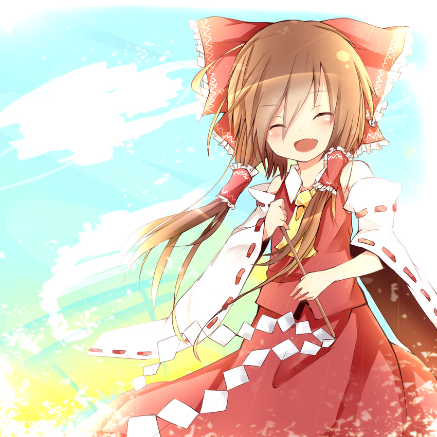 ^_^ ascot blush brown_hair closed_eyes hair_tubes hakurei_reimu highres long_hair smile solo tosura-ayato touhou