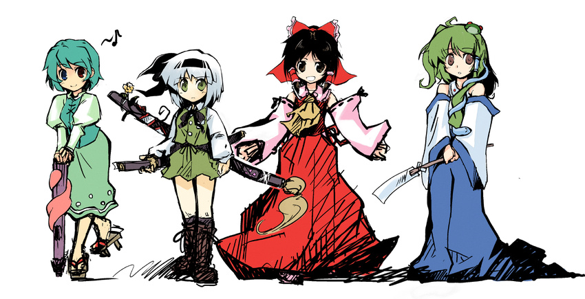 blue_eyes bow detached_sleeves green_eyes hair_bow hair_tubes hakurei_reimu heterochromia kochiya_sanae konpaku_youmu multiple_girls nanaroku_(fortress76) odd_one_out red_eyes sheath short_hair simple_background smile sword tatara_kogasa touhou weapon white_background