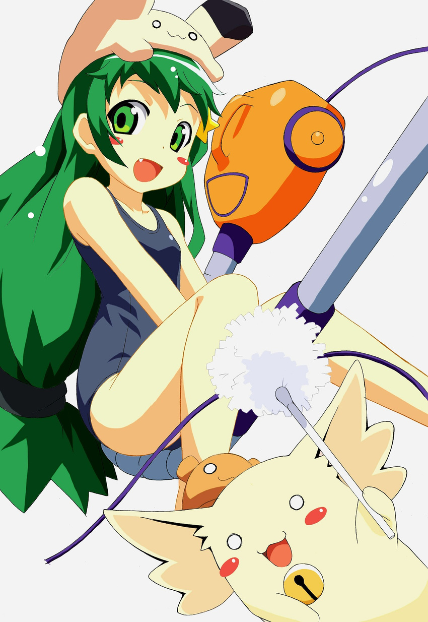 animal_hat animal_slippers bad_id bad_pixiv_id bell blush_stickers duster fang green_eyes green_hair hat highres jingle_bell kiyukiyutan long_hair low-tied_long_hair o_o one-piece_swimsuit original riding school_swimsuit smile swimsuit vacuum_cleaner