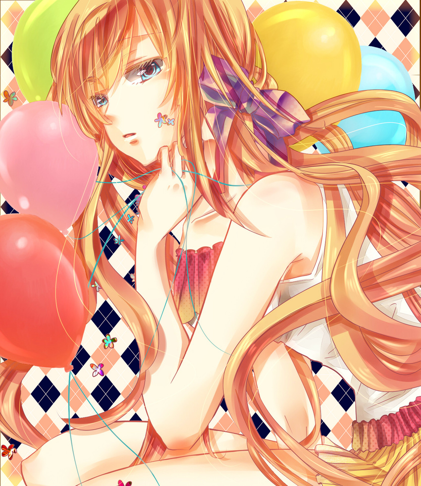 balloon blue_eyes bow chin_rest facial_tattoo highres long_hair looking_at_viewer orange_hair original solo tattoo togashi_(choco-bakama_kitchen) very_long_hair