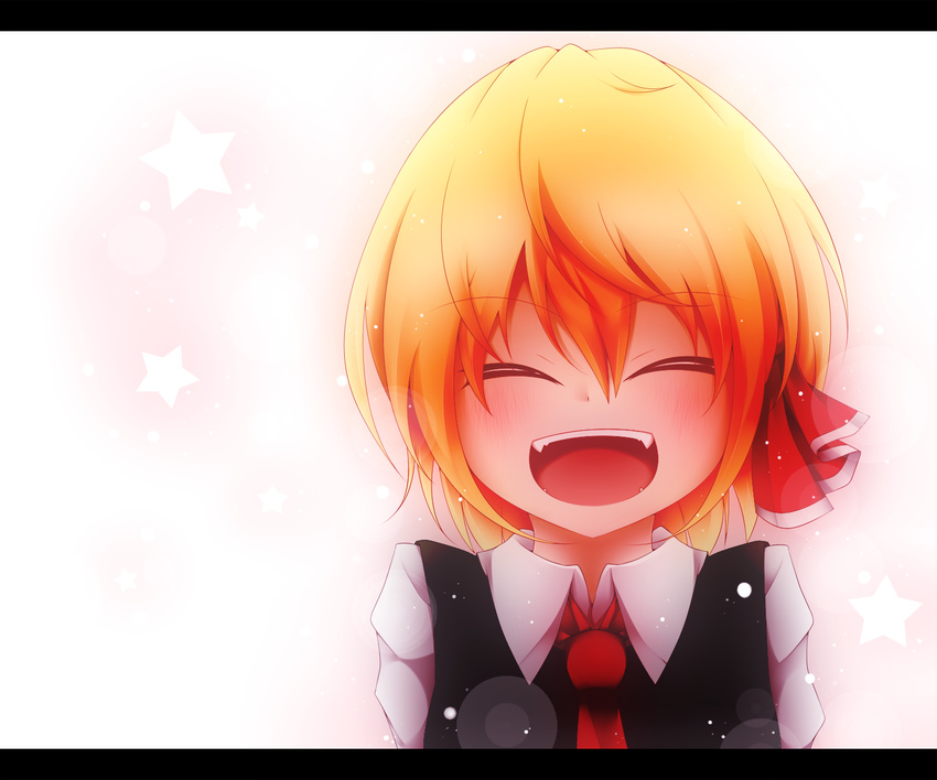 :d ^_^ blonde_hair closed_eyes dress_shirt fangs hair_ribbon highres kuroyume_(dark495) letterboxed necktie open_mouth ribbon rumia shirt short_hair smile solo star touhou upper_body