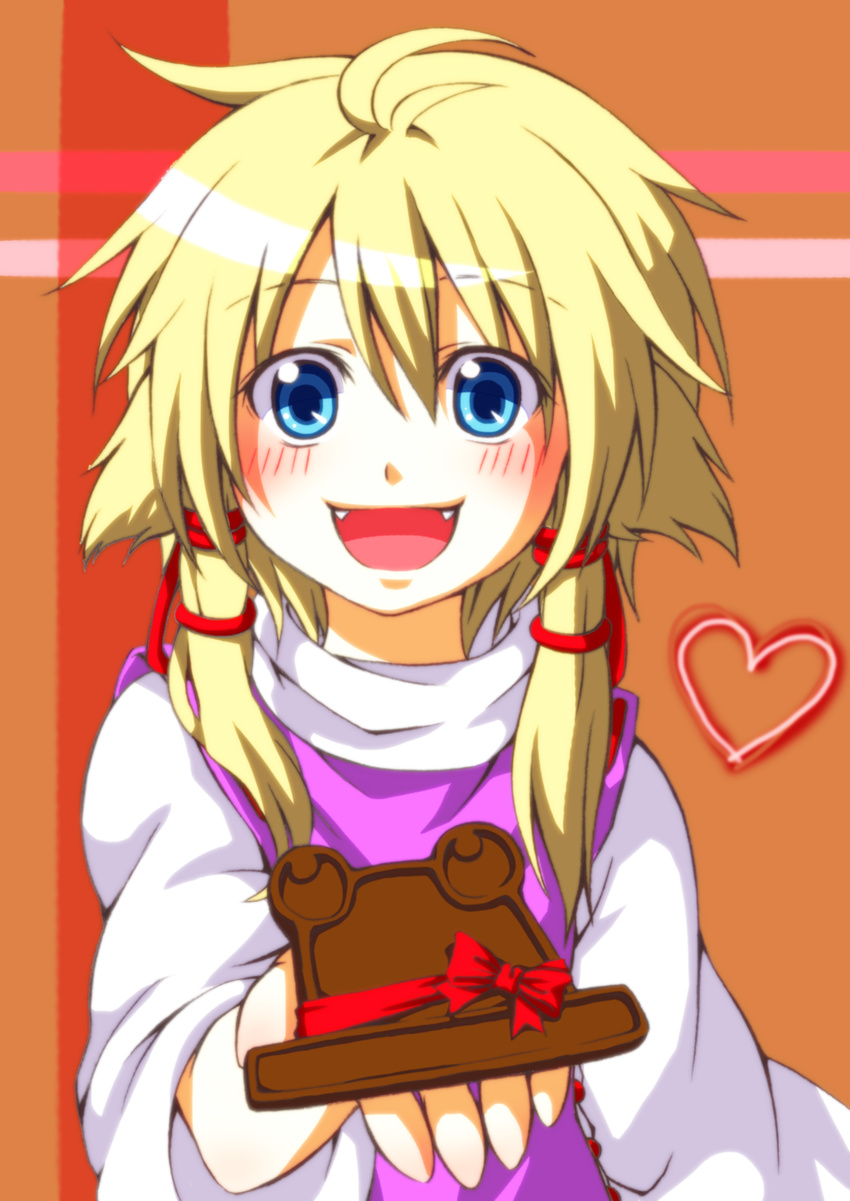 absurdres animal_ears blonde_hair blue_eyes blush chocolate fangs heart highres kemonomimi_mode moriya_suwako no_hat no_headwear nora_wanko open_mouth smile solo touhou