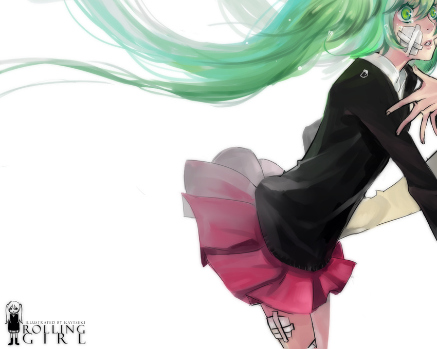 artist_name bandaid english floating_hair green_eyes green_hair hands hatsune_miku kaytseki long_hair out_of_frame rolling_girl_(vocaloid) school_uniform skirt solo_focus surprised tears twintails vocaloid wallpaper white_background wind