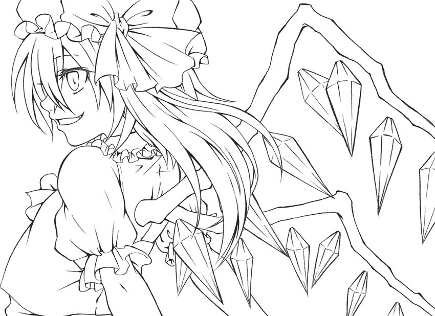 flandre_scarlet greyscale highres lineart monochrome nora_wanko smile solo touhou wings