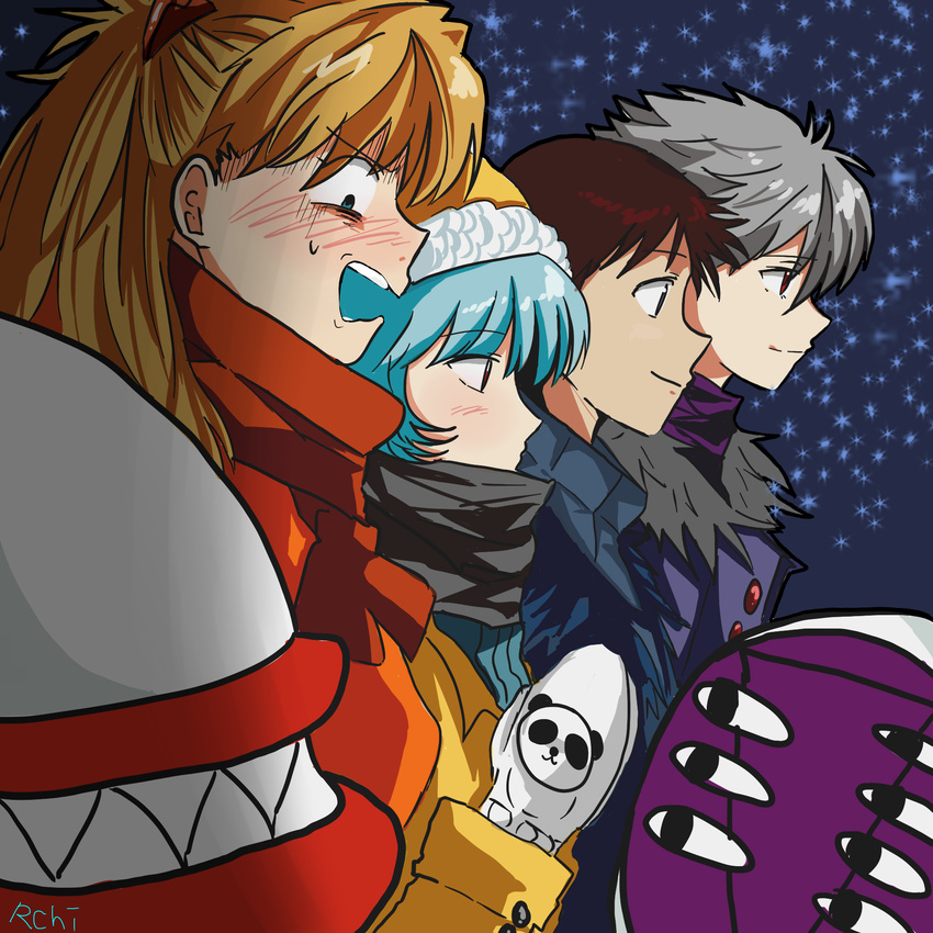 2girls angel_(evangelion) ayanami_rei bad_id bad_pixiv_id blue_hair brown_hair chzhthddl08 coat grey_hair group_picture group_profile hat highres ikari_shinji lilith_(evangelion) lineup mass_production_eva mittens multiple_boys multiple_girls nagisa_kaworu neon_genesis_evangelion orange_hair profile scarf smile souryuu_asuka_langley surprised winter_clothes