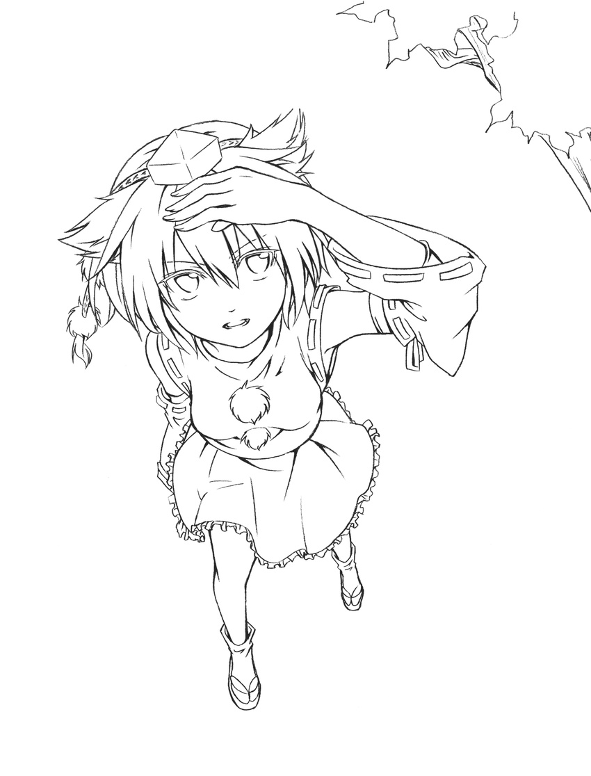 animal_ears greyscale highres inubashiri_momiji lineart looking_at_viewer looking_up monochrome nora_wanko solo touhou wolf_ears