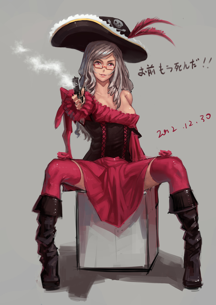 absurdres aiming_at_viewer boots copyright_request corset dated glasses gun hat highres lips long_hair looking_at_viewer pink_eyes pirate pirate_hat shuizhanglang sitting skull_and_crossbones solo spread_legs thighhighs translated weapon