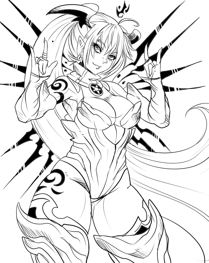 \m/ ahoge bare_shoulders boots breasts cleavage demon_girl earrings elbow_gloves gloves greyscale head_wings highres jewelry large_breasts leotard lineart lip_piercing long_hair maniacpaint monochrome original piercing scarf smile solo tattoo thick_thighs thigh_boots thighhighs thighs very_long_hair wings