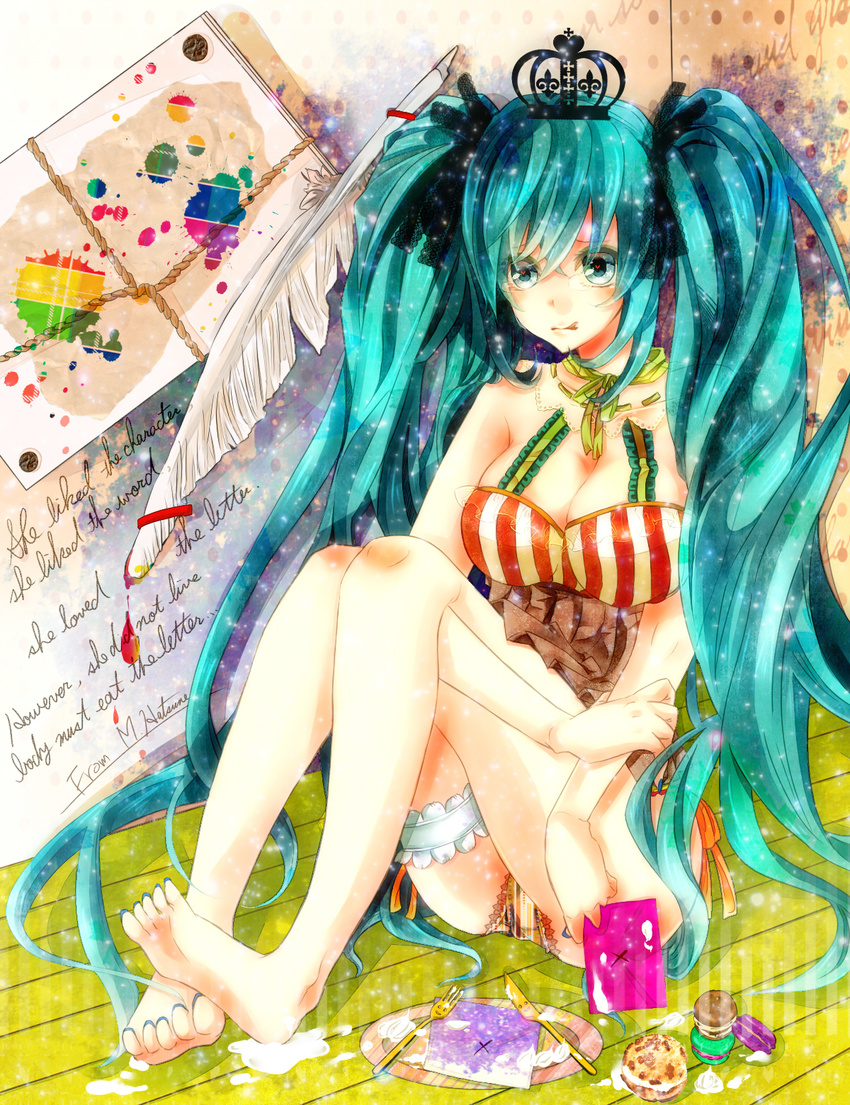 aqua_eyes aqua_hair bad_feet barefoot breasts cleavage crown feathers feet food fork garters hatsune_miku highres knife large_breasts letter long_hair nail_polish pen plate solo tears toenail_polish togashi_(choco-bakama_kitchen) vocaloid