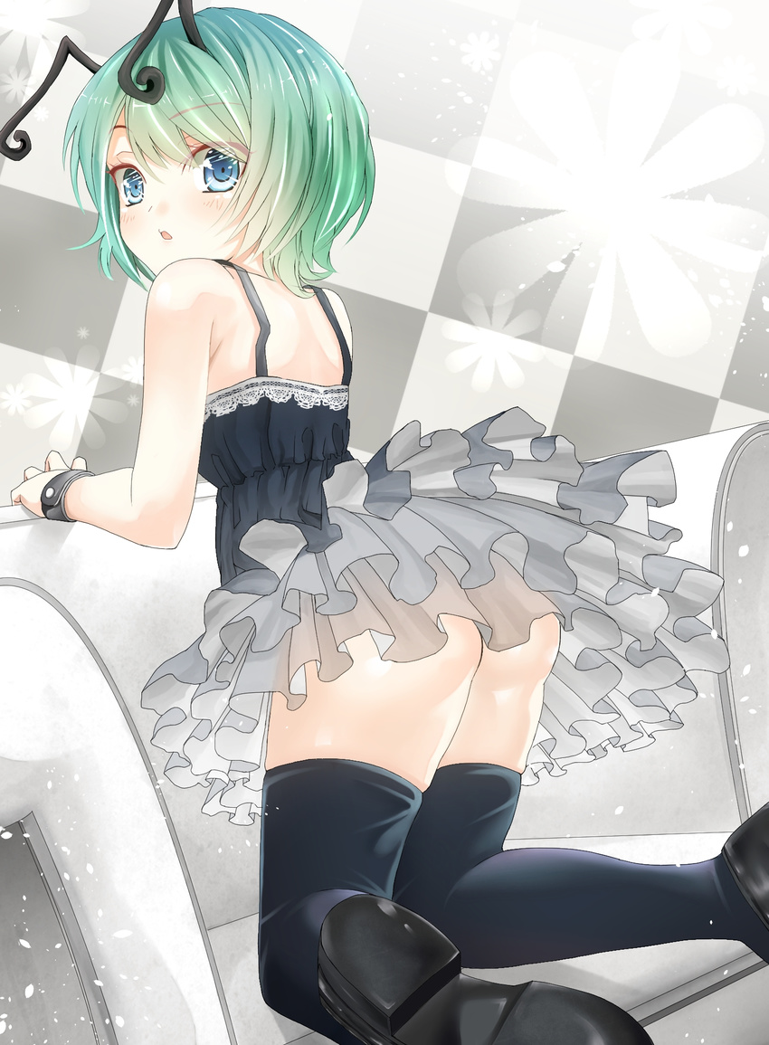 alternate_costume antennae aqua_hair ass bare_shoulders black_legwear blue_eyes checkered checkered_background couch dress frilled_dress frills from_behind gathers gradient_hair green_hair highres kneeling legs looking_at_viewer looking_back md5_mismatch mikoma_sanagi multicolored_hair shoes short_hair solo thighhighs touhou wriggle_nightbug