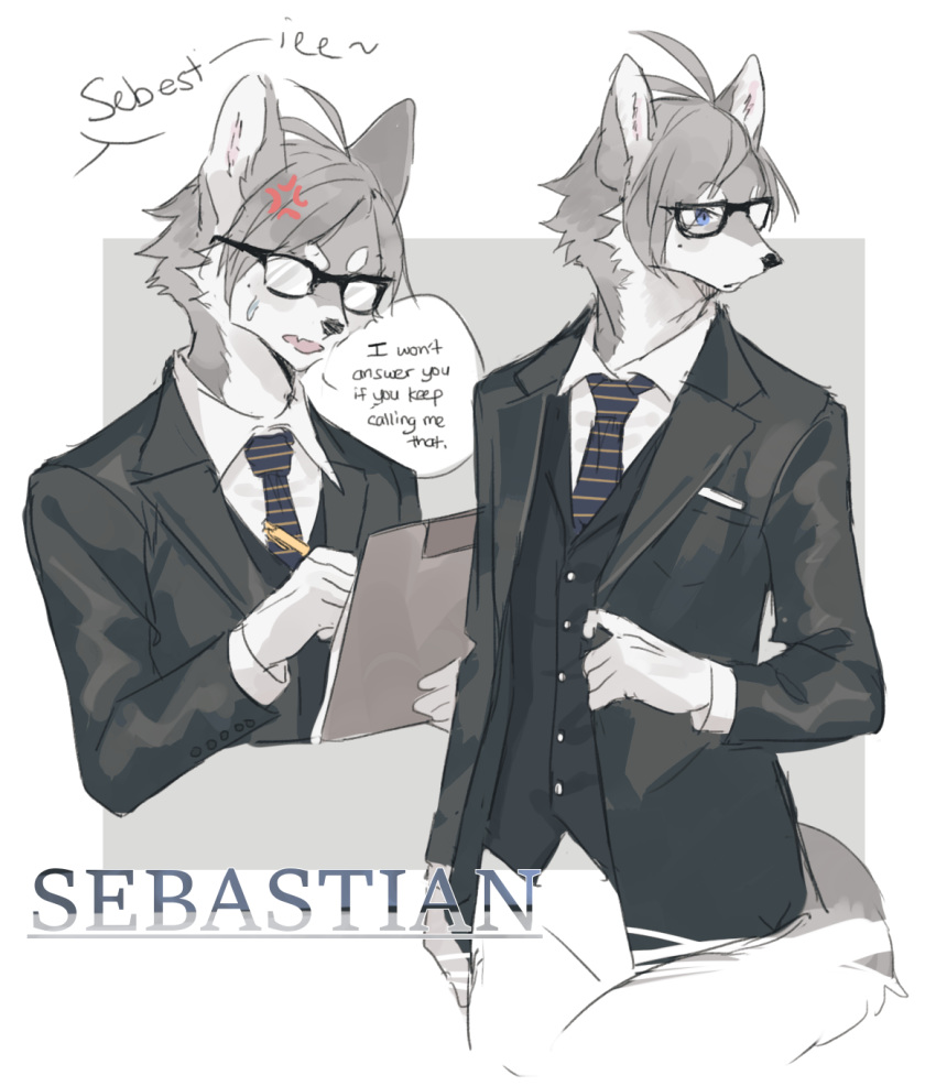 2018 anthro beauty_mark biped black_clothing black_nose blue_eyes canine clipboard clothed clothing countershading dialogue english_text eyewear frown fully_clothed fur glasses grey_background grey_fur grey_hair hair looking_away male mammal multiple_poses necktie open_mouth pants pencil_(object) pose sebastian_(zuekrz) shirt simple_background solo speech_bubble standing suit sweat sweatdrop text white_background white_clothing white_fur wolf zuekrz