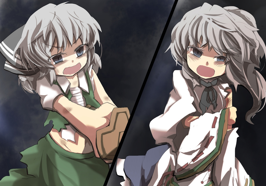 commentary gaoo_(frpjx283) grey_eyes grey_hair hair_ribbon injury konpaku_youmu mononobe_no_futo multiple_girls ponytail ribbon sword torn_clothes touhou weapon