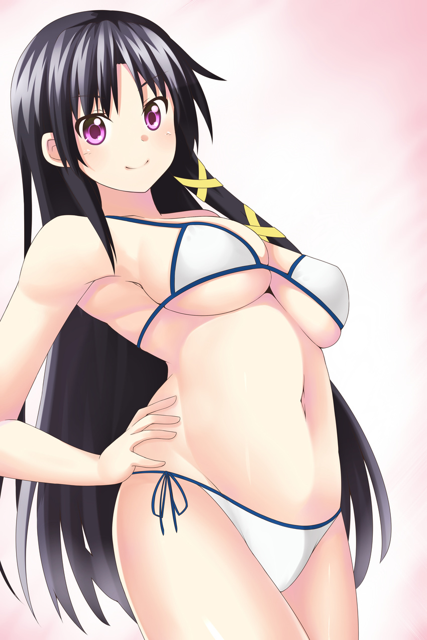 absurdres bad_id bad_pixiv_id bikini black_hair dacchi hair_ribbon highres kurugaya_yuiko little_busters! long_hair purple_eyes ribbon smile solo swimsuit very_long_hair