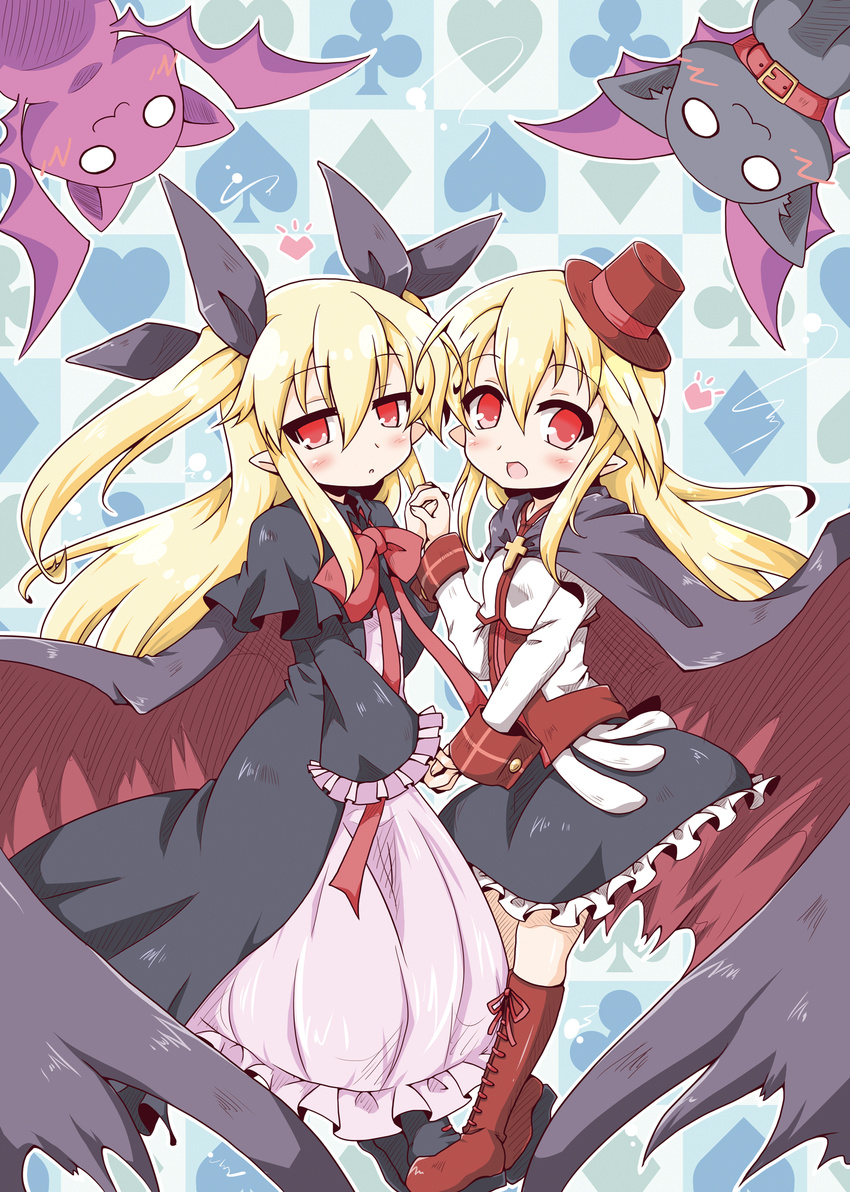 :3 :d blonde_hair boots borrowed_character bow cape capelet cat club_(shape) collar creature cross demon_wings diamond dress ellis_rosenberg frilled_dress frilled_skirt frilled_sleeves frills grimorigin hair_ribbon hat heart highres holding_hands lilith_rosenberg long_dress long_hair long_sleeves mini_hat mini_top_hat multiple_girls neko_yume open_mouth original red_eyes ribbon shirt siblings sisters skirt smile spade_(shape) top_hat wings