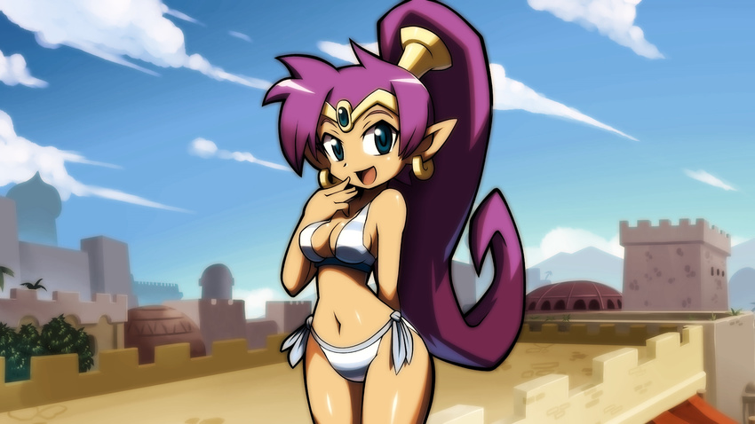 arm_behind_back bikini blue_eyes breasts choker cleavage dark_skin earrings game_cg highres hoop_earrings jewelry long_hair makoto_yabe medium_breasts navel official_art open_mouth pointy_ears ponytail purple_hair shantae_(character) shantae_(series) shantae_and_the_pirate's_curse side-tie_bikini smile solo swimsuit tiara very_long_hair