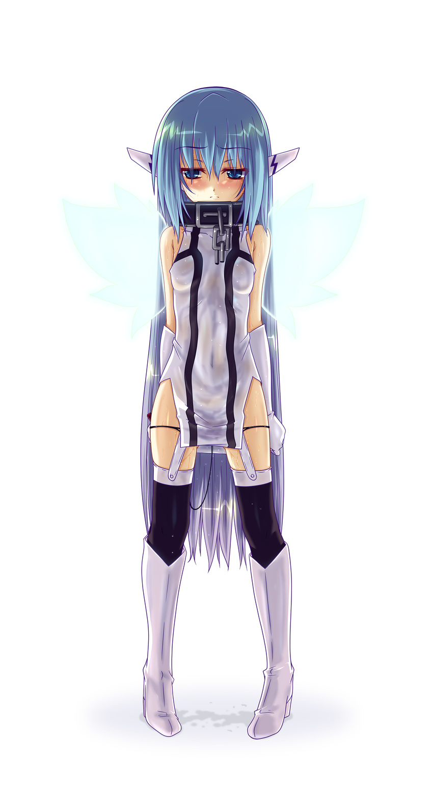 absurdres black_panties blue_eyes blue_hair blush boots breasts chain collar fumihiro gloves head_wings highres long_hair no_panties nymph_(sora_no_otoshimono) panties see-through silhouette small_breasts solo sora_no_otoshimono standing thighhighs twintails underwear very_long_hair vibrator_under_clothes wet wet_clothes white_footwear white_gloves