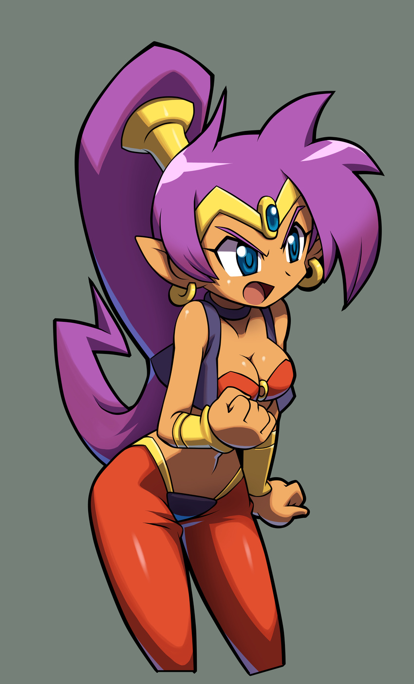 absurdres angry bandeau blue_eyes bracer breasts choker cleavage clenched_hands cowboy_shot cropped_legs dark_skin earrings forehead_jewel grey_background highres hoop_earrings jewelry long_hair makoto_yabe medium_breasts official_art open_mouth pointy_ears ponytail purple_hair shantae_(character) shantae_(series) shantae_and_the_pirate's_curse simple_background solo tiara very_long_hair vest