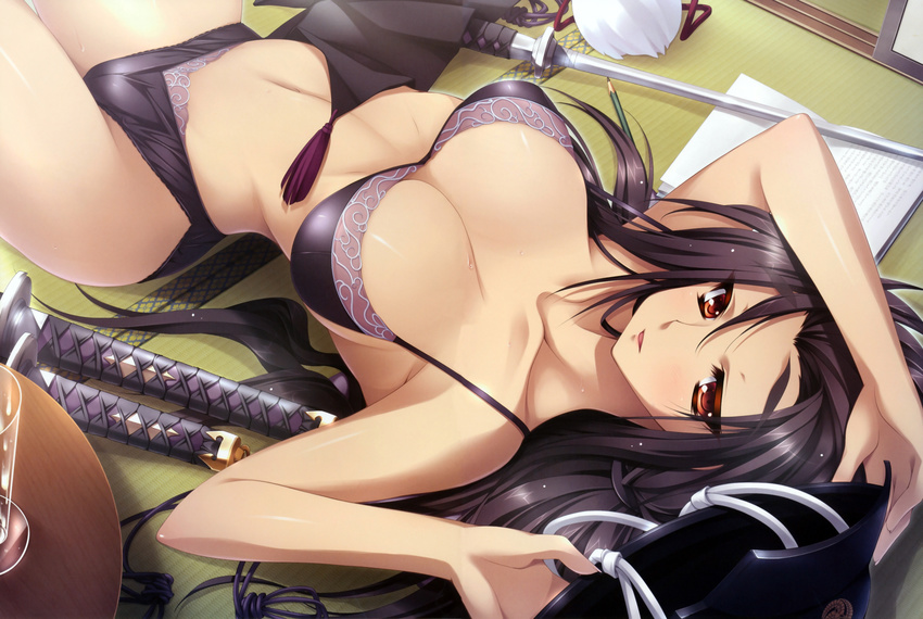 absurdres appare!_tenka_gomen black_bra black_hair black_panties bra breasts cleavage collarbone crease dark_skin eyelashes hasegawa_taira helmet highres huge_filesize katagiri_hinata lace lace-trimmed_bra lace-trimmed_panties large_breasts long_hair looking_at_viewer lying navel on_back panties parted_lips pencil red_eyes scan solo strap_gap sword tsurime underwear underwear_only weapon