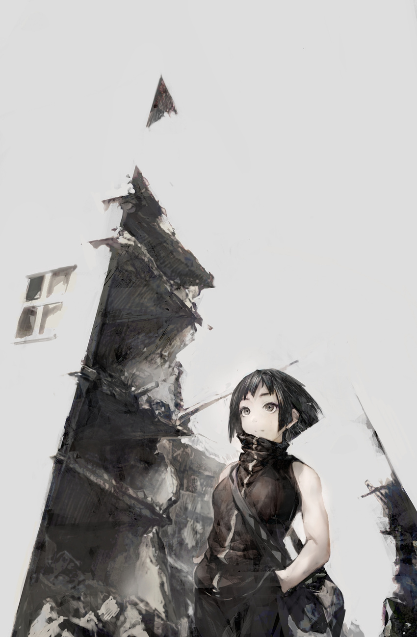 bag bare_shoulders black_hair earrings hands_in_pockets highres jewelry looking_away original ruins short_hair sleeveless sleeveless_jacket solo sugimoto_gang