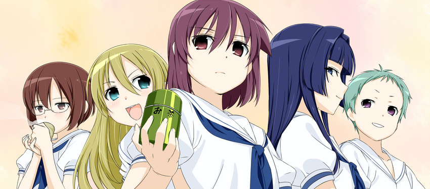 blonde_hair blue_hair blush brown_hair chikuishi drinking glasses green_eyes green_hair highres hirose_sumire long_hair matano_seiko miyanaga_teru multiple_girls oohoshi_awai purple_eyes saki shibuya_takami shiraitodai_school_uniform short_hair smile