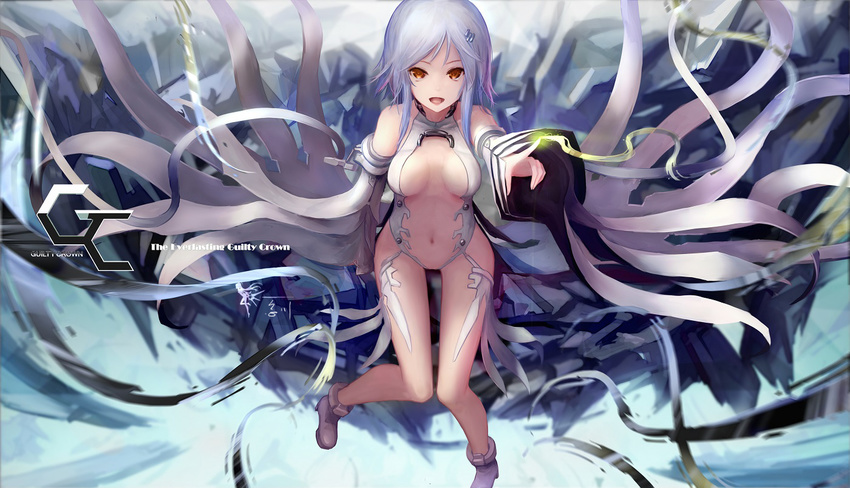 breasts carol_(guilty_crown) detached_sleeves guilty_crown guilty_crown_lost_christmas hair_ornament long_hair looking_at_viewer medium_breasts open_mouth red_eyes revealing_clothes silver_hair solo wangchuan_de_quanyan