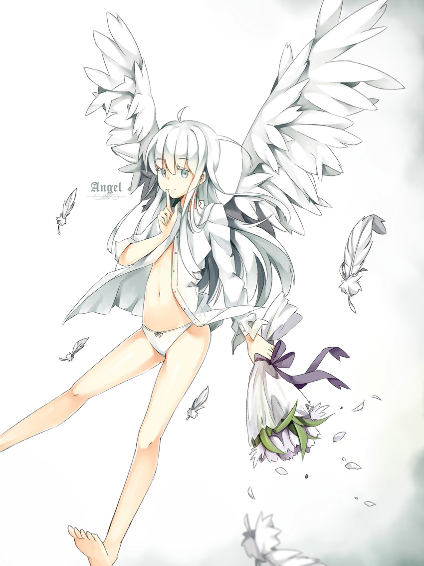 absurdres bouquet feathered_wings feathers finger_to_mouth flat_chest flower highres long_hair looking_at_viewer nana_(kuu_haku) original panties smile solo underwear white_panties white_wings wings