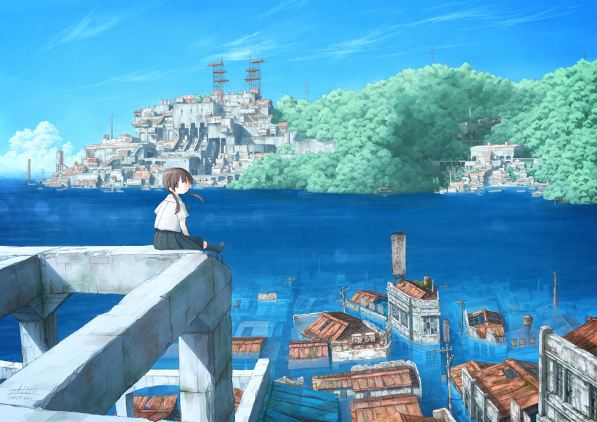brown_eyes brown_hair building city cityscape cloud dated day flood hill house lens_flare long_hair looking_at_viewer looking_back ocean original partially_immersed pochi_(poti1990) power_lines rooftop scenery school_uniform signature sitting sky solo telephone_pole tree twintails water