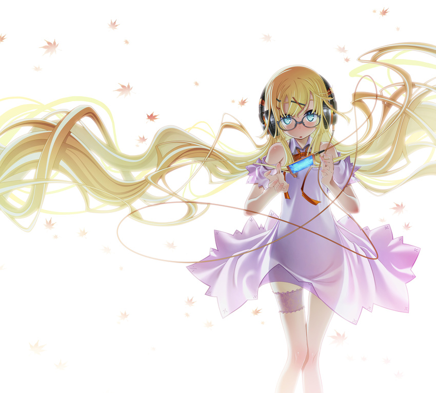 absurdly_long_hair absurdres bangs blonde_hair blue_eyes blush cable detached_sleeves digital_media_player dress garters glasses hair_ornament hairclip headphones highres leaf long_hair looking_at_viewer maple_leaf orange_ribbon original ribbon sakuya_tsuitachi solo thigh_gap very_long_hair white_background white_dress x_hair_ornament