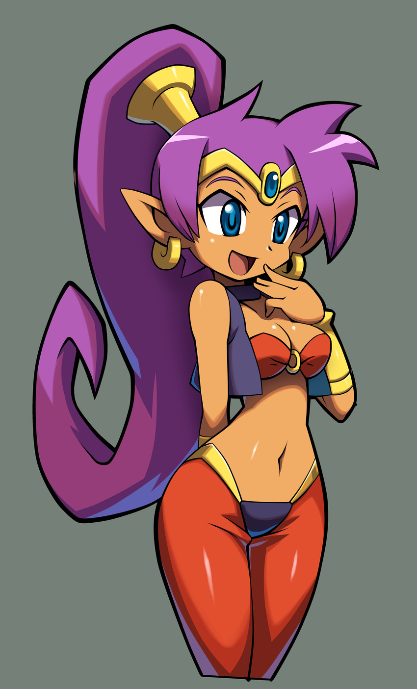 absurdres arm_behind_back bandeau blue_eyes bracer breasts choker cleavage cowboy_shot cropped_legs dark_skin earrings forehead_jewel grey_background hair_tubes highres hoop_earrings jewelry long_hair makoto_yabe medium_breasts midriff navel official_art pointy_ears ponytail purple_hair shantae_(character) shantae_(series) shantae_and_the_pirate's_curse simple_background smile solo tiara very_long_hair vest