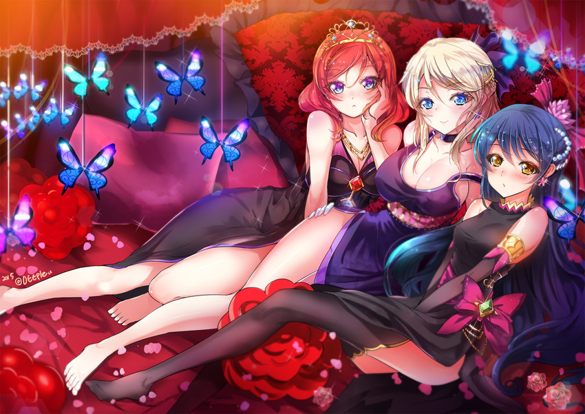 3girls :&lt; :o artist_name ayase_eli bare_shoulders barefoot beads black_dress blonde_hair blue_eyes blue_hair blush breasts butterfly_ornament choker cleavage collarbone deeple detached_sleeves dress earrings emerald flower gem girl_sandwich gloves hand_on_hip hand_on_own_cheek highres jewelry large_breasts looking_at_viewer love_live! love_live!_school_idol_project lying medium_breasts multiple_girls necklace nishikino_maki no_shoes petals pillow pink_hair purple_dress purple_eyes rose rose_petals ruby_(stone) sandwiched sapphire_(stone) smile soldier_game sonoda_umi sparkle thighhighs tiara white_gloves yellow_eyes