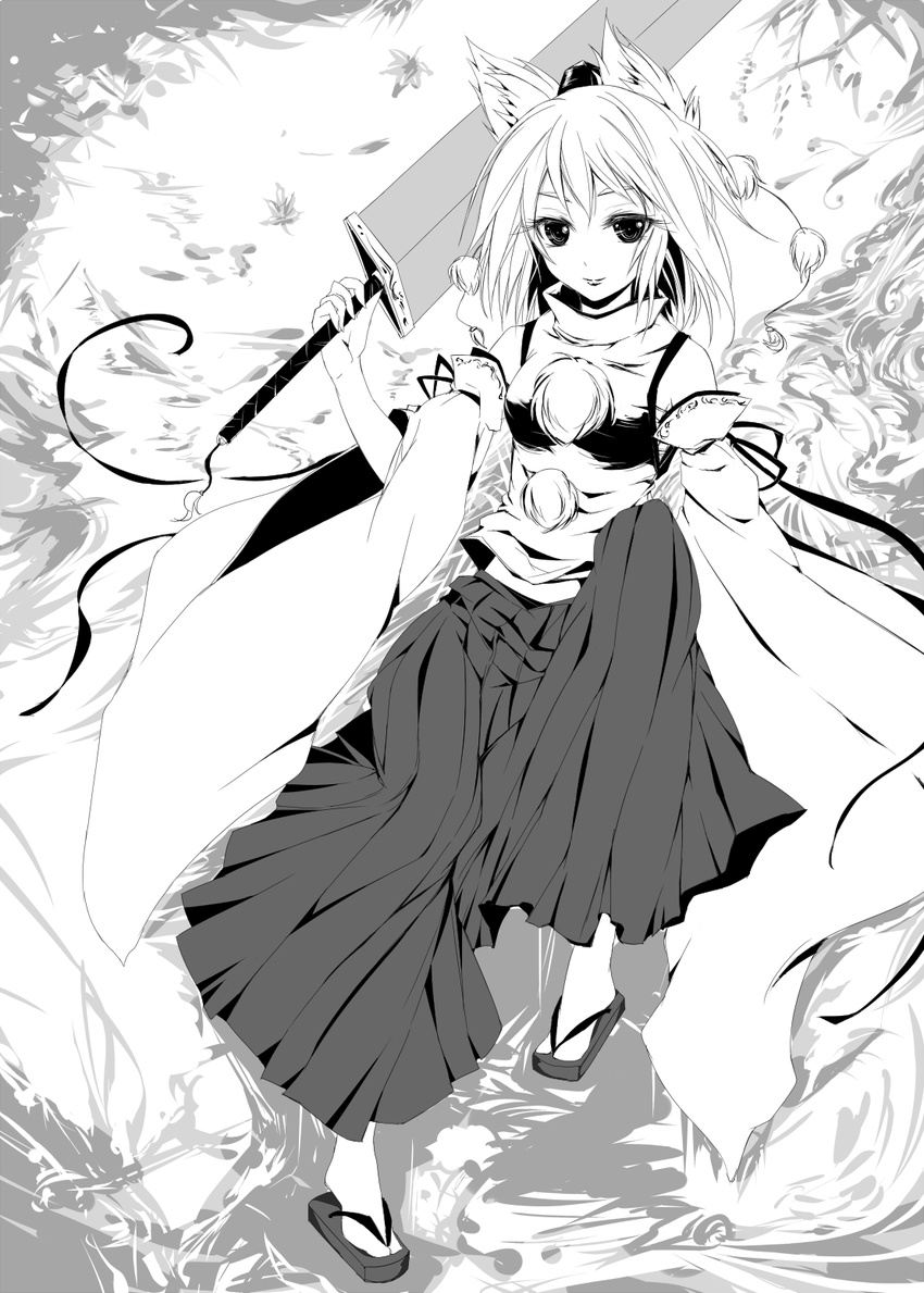 acryl animal_ears bare_shoulders detached_sleeves geta greyscale hat highres inubashiri_momiji monochrome short_hair skirt smile solo sword tokin_hat touhou weapon wolf_ears