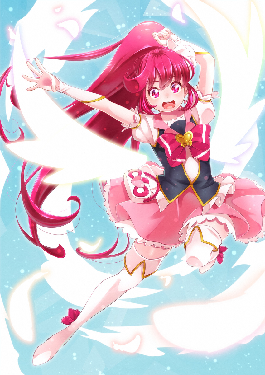 :d absurdres aino_megumi blue_background boots bow brooch cure_lovely full_body happinesscharge_precure! happy highres jewelry long_hair magical_girl open_mouth pink_bow pink_eyes pink_hair pink_skirt ponytail precure skirt smile solo thigh_boots thighhighs white_footwear wide_ponytail wings wrist_cuffs yupiteru