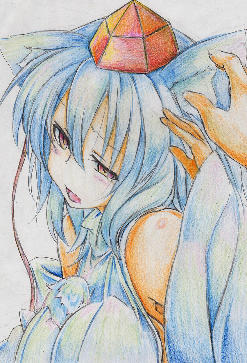 animal_ears bare_shoulders blush breasts colored_pencil_(medium) detached_sleeves hat highres inubashiri_momiji kitazinger large_breasts open_mouth red_eyes short_hair solo tokin_hat touhou traditional_media upper_body white_hair wolf_ears