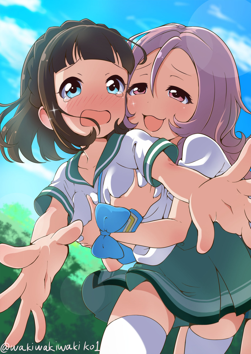 :3 :d :o asahina_kokomi bangs battle_girl_high_school black_hair blue_bow blue_eyes blunt_bangs blush bow bowtie braid breast_grab breasts cloud cowboy_shot crossed_arms day embarrassed foreshortening french_braid from_side grabbing grabbing_from_behind green_skirt hands highres lavender_hair leaning_forward lens_flare long_hair looking_at_viewer medium_breasts multiple_girls naughty_face neki_(wakiko) nose_blush official_style open_mouth outdoors outstretched_arms pink_eyes pleated_skirt raised_eyebrows school_uniform serafuku serizawa_renge shirt short_hair short_sleeves sidelocks skirt sky sleeve_cuffs smile sparkle tears thighhighs tree twitter_username wavy_hair white_legwear yuri zettai_ryouiki