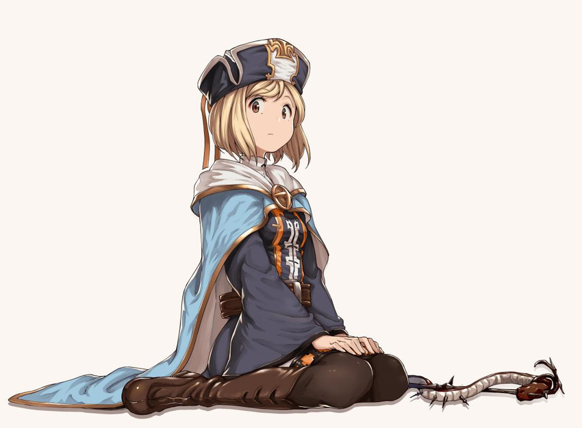 aya_shachou black_legwear blonde_hair boots brown_eyes brown_footwear cape cleric_(granblue_fantasy) djeeta_(granblue_fantasy) granblue_fantasy hat knee_boots long_sleeves looking_at_viewer pantyhose short_hair sitting solo wand wariza