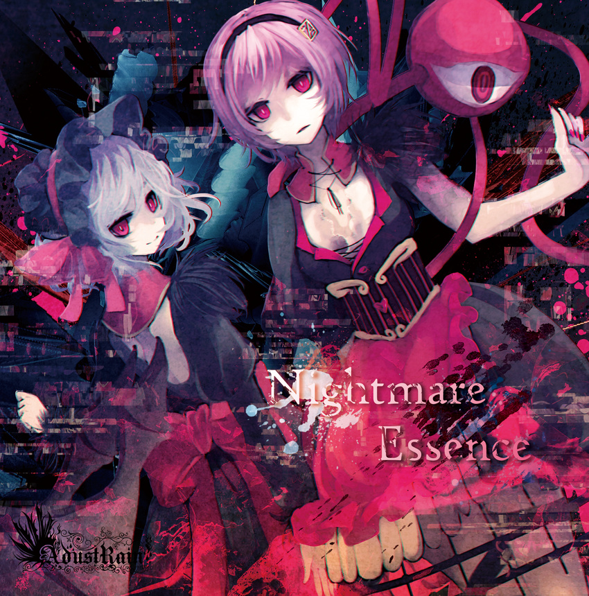 album_cover alternate_costume alternate_headwear apron backless_dress backless_outfit bat_wings black_dress blue_hair breasts cleavage commentary_request corset cover detached_collar distortion dress english frilled_apron frills hairband highres komeiji_satori long_sleeves looking_at_viewer looking_back mirimo multiple_girls paint_splatter parted_lips perspective pink_eyes puffy_long_sleeves puffy_sleeves purple_hair remilia_scarlet short_hair small_breasts smile third_eye touhou wings