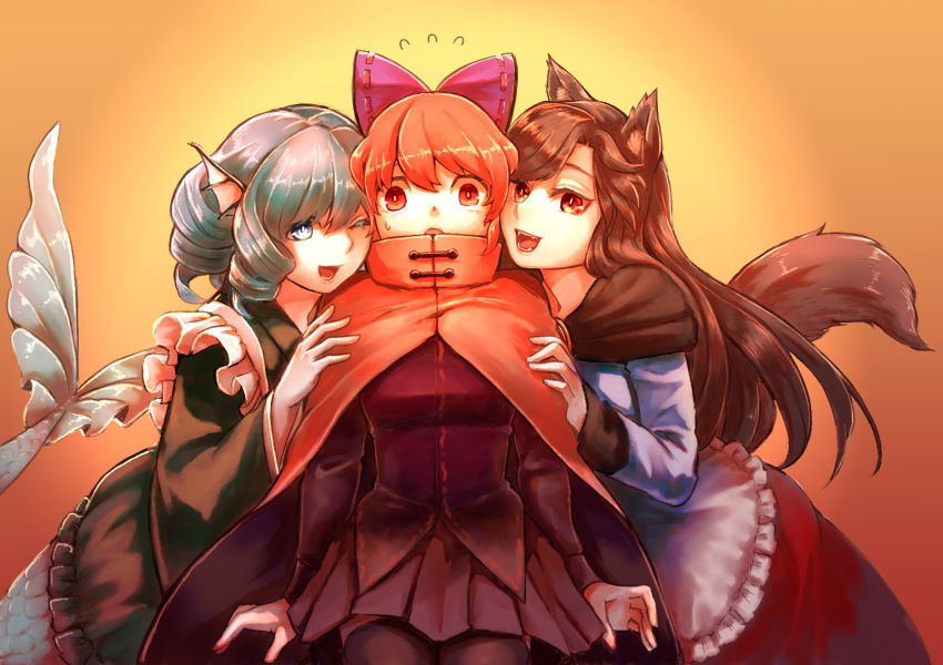 3girls ;d animal_ears bangs black_legwear black_skirt blouse blue_eyes blue_hair bow breasts brooch brown_hair cloak colored_eyelashes commentary_request drill_hair fangs flying_sweatdrops frills green_kimono hair_bow head_fins highres imaizumi_kagerou japanese_clothes jewelry kimono long_hair long_sleeves looking_at_viewer medium_breasts mermaid miniskirt monster_girl multiple_girls one_eye_closed open_mouth orange_background purple_bow red_eyes red_hair red_skirt reika_winter scales sekibanki short_hair skirt smile sweatdrop tail thighhighs touhou wakasagihime white_blouse wolf_ears wolf_girl wolf_tail