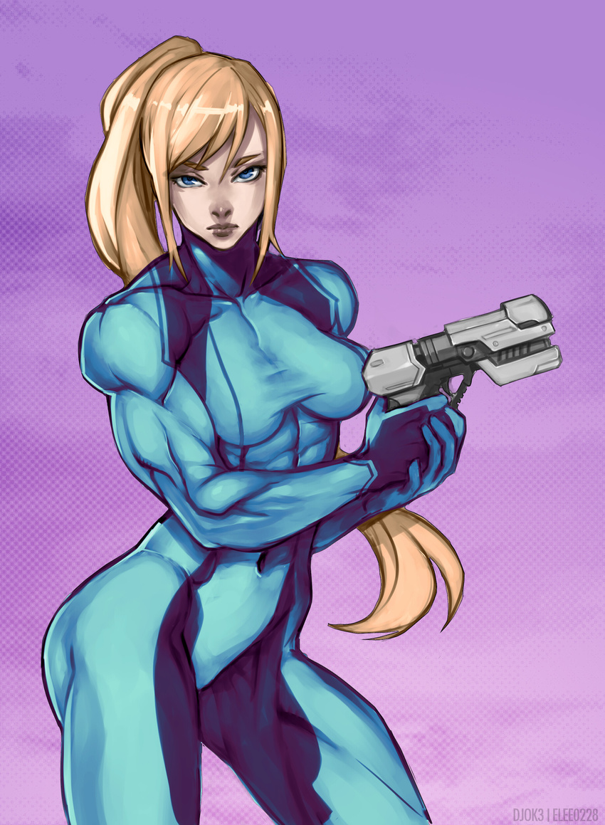 absurdres artist_name bangs blonde_hair blue_eyes bodysuit breasts collaboration colorized contrapposto covered_navel cowboy_shot djok3 elee0228 gloves gun halftone halftone_background handgun hands_together high_ponytail highres holding holding_weapon lips long_hair looking_at_viewer medium_breasts metroid muscle muscular_female pistol ponytail purple_background samus_aran serious sidelocks skin_tight solo standing swept_bangs taut_clothes thick_thighs thighs trigger_discipline turtleneck very_long_hair weapon zero_suit