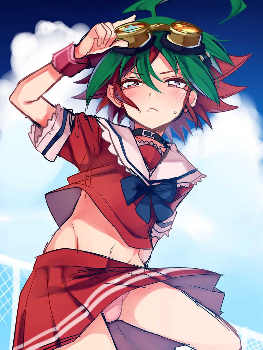 :&lt; ahoge blush bulge choker crossdressing goggles goggles_on_head green_hair highres male_focus midriff miyukiyo multicolored_hair panties pantyshot red_hair sakaki_yuuya school_uniform skirt solo sweatdrop two-tone_hair underwear yuu-gi-ou yuu-gi-ou_arc-v