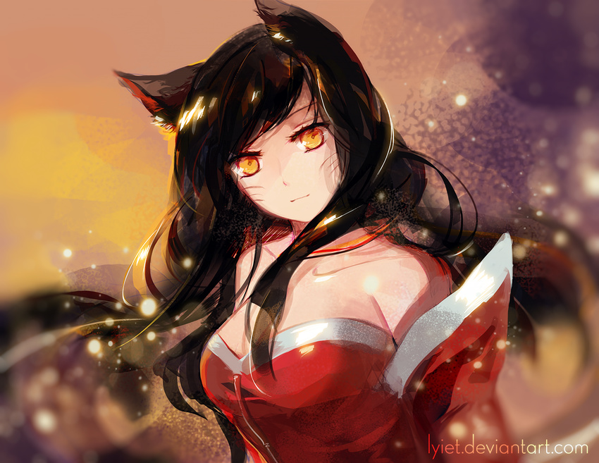 ahri animal_ears bare_shoulders black_hair blurry breasts collarbone detached_sleeves facial_mark fox_ears hanbok korean_clothes large_breasts league_of_legends light_particles long_hair looking_at_viewer lyiet sidelocks solo watermark yellow_eyes