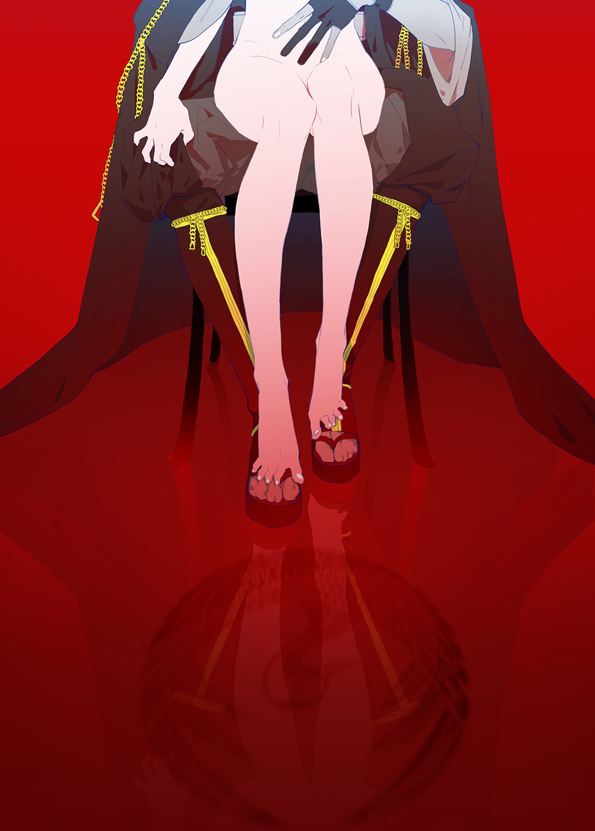 1girl alternate_color barefoot black_gloves boots cape chair fcsz3d1a female_saniwa_(touken_ranbu) gloves highres holding md5_mismatch military military_uniform nude out_of_frame partly_fingerless_gloves red_background sandals saniwa_(touken_ranbu) sitting sitting_on_lap sitting_on_person spread_toes touken_ranbu tsurumaru_kuninaga uniform