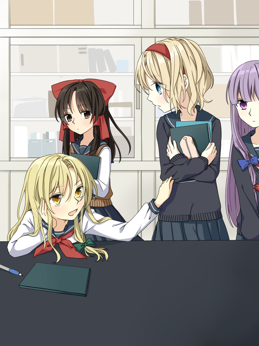 alice_margatroid blonde_hair blue_eyes blush bow brown_eyes brown_hair contemporary hair_bow hair_ribbon hairband hakurei_reimu highres kirisame_marisa long_hair multiple_girls open_mouth patchouli_knowledge purple_eyes purple_hair ribbon school_uniform short_hair touhou tsuno_no_hito yellow_eyes