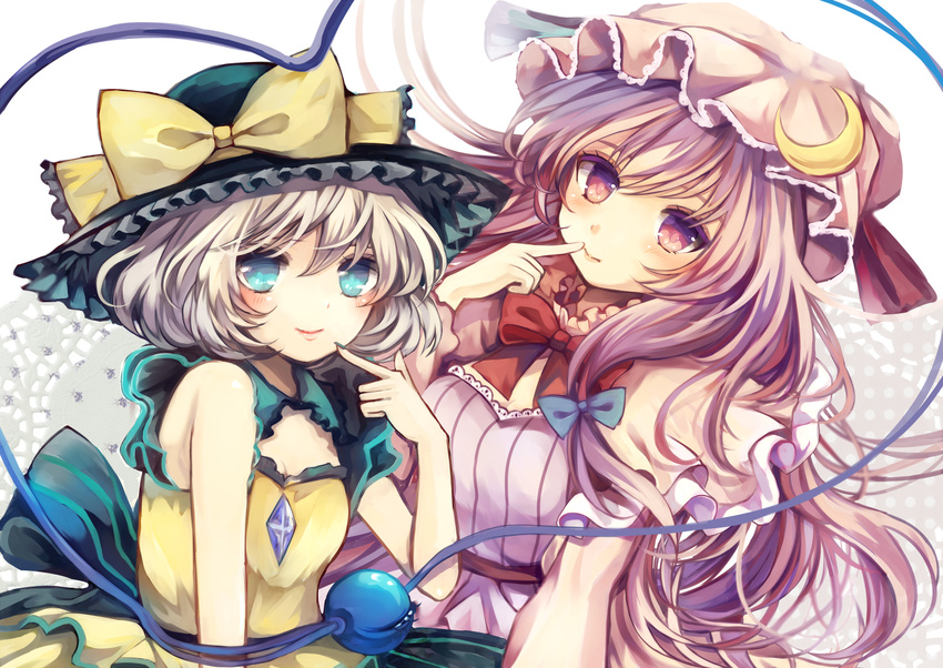 adapted_costume blue_eyes bow capelet crescent dress finger_to_mouth hair_ribbon hat hat_bow komeiji_koishi long_hair looking_at_viewer mob_cap multiple_girls patchouli_knowledge purple_eyes purple_hair ribbon shirt short_hair silver_hair sleeveless sleeveless_shirt striped striped_dress third_eye touhou tress_ribbon ukita_uuko very_long_hair