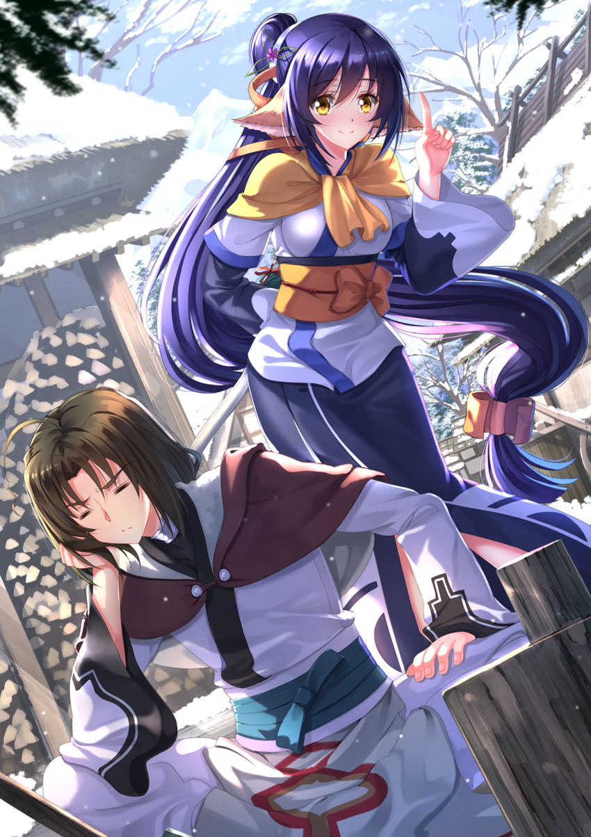 1girl :/ ahoge animal_ears arm_behind_back bare_tree blue_hair blush brown_hair building chin_rest closed_eyes dutch_angle haku_(utawareru_mono) highres index_finger_raised indian_style kuon_(utawareru_mono) long_hair low-tied_long_hair obi outdoors ponytail sash sitting smile snow standing swordsouls tree utawareru_mono utawareru_mono:_itsuwari_no_kamen very_long_hair wood yellow_eyes