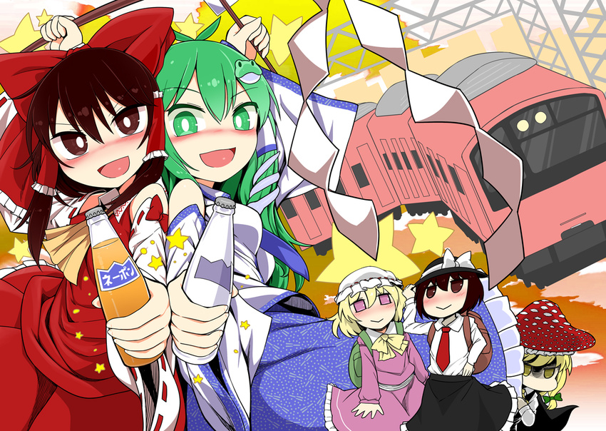 ascot bare_shoulders blonde_hair bottle bow brown_eyes brown_hair detached_sleeves gohei green_eyes green_hair ground_vehicle hakurei_reimu haraegushi hat hat_bow kirisame_marisa kochiya_sanae maribel_hearn mob_cap multiple_girls oonusa open_mouth orange_juice purple_eyes symmetrical_pose touhou train usami_renko yassy yellow_eyes