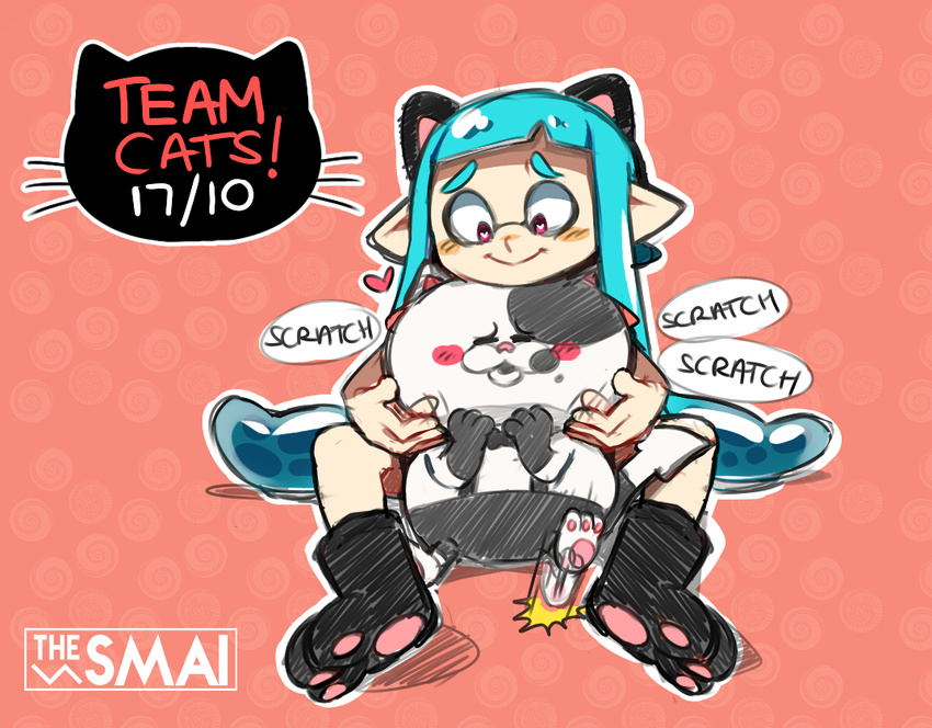 animal_ears artist_name bad_id bad_tumblr_id blue_hair blush_stickers cat cat_ears chin_tickle commentary english eyebrows heart heart-shaped_pupils inkling jajji-kun_(splatoon) pink_eyes pointy_ears sami_briggs smile splatoon_(series) splatoon_1 symbol-shaped_pupils tentacle_hair thick_eyebrows