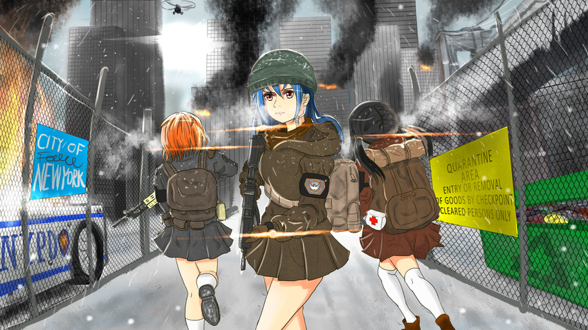 absurdres aircraft armband assault_rifle backpack bag black_hair blue_hair building car fence fire first_aid_kit ground_vehicle gun hair_tie headset helicopter highres kneehighs m4_carbine miniskirt motor_vehicle multiple_girls new_york orange_hair original parody pouch rifle shiny short_hair sign skirt smoke tom_clancy tom_clancy's_the_division twintails weapon youzi_rui
