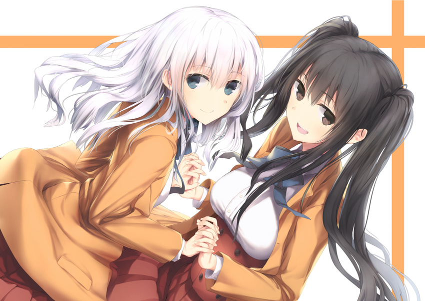 :d bangs black_hair blue_eyes bow bowtie brown_eyes dutch_angle eyebrows_visible_through_hair fueru_nattou hair_between_eyes interlocked_fingers jacket long_hair long_sleeves looking_at_viewer multiple_girls open_clothes open_jacket open_mouth original school_uniform smile twintails white_hair